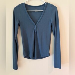American Eagle Outfitters Long Sleeve V-Neck Ribbed Top - Slate Blue